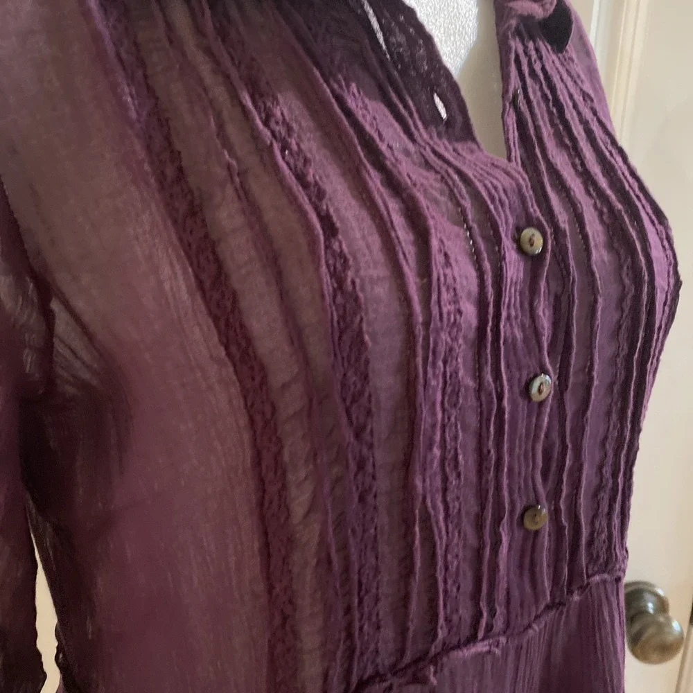 FREE PEOPLE Purple Guaze Tiered Long Sleeve Mini Dress Button Size Small‎